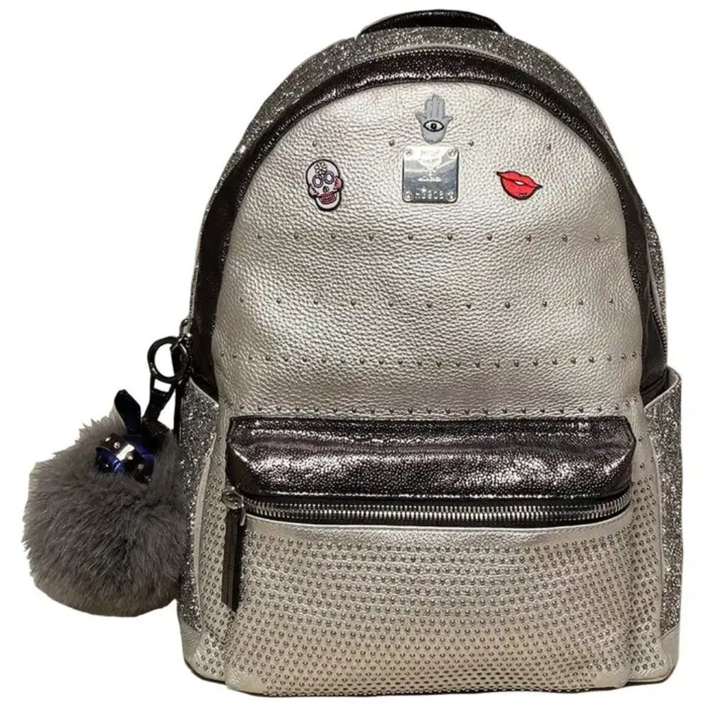 MCM Special Edition Silver Leather Swarovski Crystal Backpack with Rabbit Charm